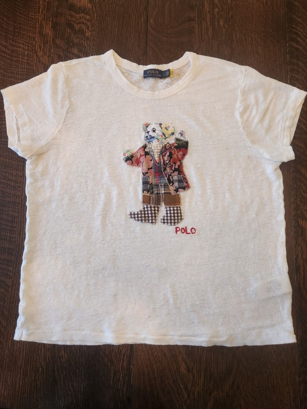 Polo Ralph Lauren Linen Patchwork Teddy Bear Tshirt Girl's Large EUC $29